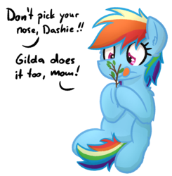 Size: 2020x2060 | Tagged: safe, artist:moemneop, rainbow dash, pony, g4, female, filly, filly rainbow dash, high res, nose picking, offscreen character, simple background, solo, tongue out, transparent background, twig, younger