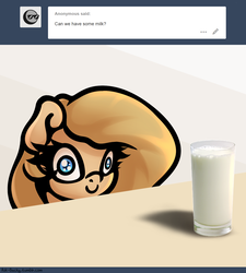 Size: 1280x1420 | Tagged: safe, artist:slavedemorto, oc, oc only, oc:backy, pony, ask, cup, exploitable meme, face of mercy, meme, milk, pure unfiltered evil, simple background, smiling, solo, spilled milk, table, this will end in spilled milk, tumblr, white background, wide eyes, xk-class end-of-the-world scenario