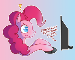 Size: 769x624 | Tagged: safe, artist:amazingmollusk, pinkie pie, earth pony, pony, g4, additional pylons, annoyed, computer, exclamation point, female, gradient background, pie daily, pylon, simple background, solo, starcraft