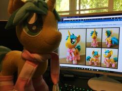 Size: 400x300 | Tagged: safe, artist:lumenglace, snails, pony, g4, clothes, cute, glitter shell, inception, irl, photo, pink, plushie, plushieception, scarf, socks, striped socks, stripes