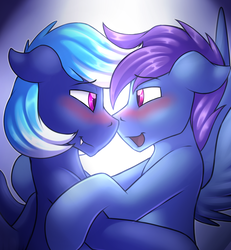 Size: 2154x2332 | Tagged: safe, artist:dripponi, artist:lattynskit, oc, oc only, oc:noxy, oc:windy dripper, pegasus, pony, blushing, gay, high res, looking at each other, male, noxydrip, open mouth, preview, shipping, stallion, teaser
