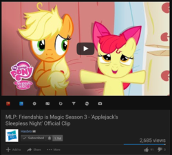 Size: 983x890 | Tagged: safe, screencap, apple bloom, applejack, earth pony, pony, apple family reunion, g4, bed, duo, female, filly, hasbro, mare, on back, out of context, pillow, thumbnail, youtube, youtube link