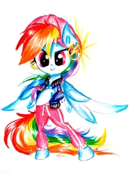 Size: 2120x2821 | Tagged: safe, artist:liaaqila, rainbow dash, pegasus, pony, equestria girls, equestria girls specials, g4, my little pony equestria girls: dance magic, bipedal, ear piercing, female, high res, looking at you, mare, piercing, rapper dash, simple background, solo, traditional art, white background