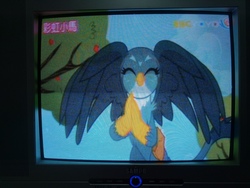 Size: 4160x3120 | Tagged: safe, screencap, gabby, griffon, g4, the fault in our cutie marks, chinese, female, flying, high res, picture of a screen, smiling, solo, spread wings, wings