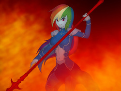 Size: 3117x2339 | Tagged: safe, artist:pyrus-leonidas, rainbow dash, equestria girls, g4, badass, belly button, clothes, cosplay, costume, crossover, cu chulainn, fate/stay night, female, fire, gae bolg, high res, lance, looking at you, solo, spear, weapon