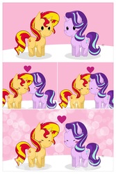Size: 2315x3472 | Tagged: safe, artist:rockarboom, starlight glimmer, sunset shimmer, pony, g4, air kiss, chibi, female, high res, lesbian, ship:shimmerglimmer, shipping