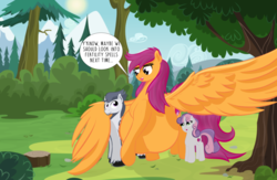 Size: 1024x666 | Tagged: safe, artist:cosmonaut, rumble, scootaloo, sweetie belle, pegasus, pony, bedroom eyes, growth, hug, macro, male, older, older scootaloo, older sweetie belle, pregnant, pregnant scootaloo, rumbloo, shipping, size, size difference, straight, this will end in even more pregnancies, winghug, wings