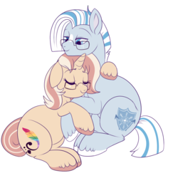 Size: 800x824 | Tagged: safe, artist:lulubell, oc, oc only, oc:frost, oc:lulubell, pony, chubby, female, freckles, frostbell, glasses, hug, male, oc x oc, shipping, simple background, straight, transparent background