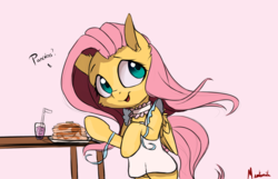 Size: 1400x900 | Tagged: safe, artist:miokomata, fluttershy, pegasus, pony, g4, apron, clothes, cute, dialogue, drink, female, food, looking at you, looking sideways, mare, open mouth, pancakes, pink background, shyabetes, signature, simple background, smiling, solo, table