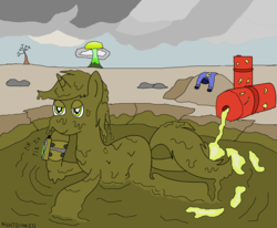 Size: 1636x1348 | Tagged: safe, artist:amateur-draw, oc, oc only, oc:littlepip, pony, unicorn, fallout equestria, balefire bomb, barrel, bedroom eyes, clothes, covered in mud, dead tree, explosion, fallout, fanfic, fanfic art, female, horn, jumpsuit, mare, megaspell, megaspell explosion, ms paint, mud, muddy, mushroom cloud, nuclear explosion, pipbuck, radioactive, rock, solo, tree, vault suit, wasteland, wet and messy