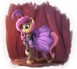 Size: 1000x900 | Tagged: safe, artist:vanillaghosties, fluttershy, pegasus, pony, g4, burlesque, clothes, cute, dress, female, mare, raised hoof, saloon dress, shyabetes, smiling, solo