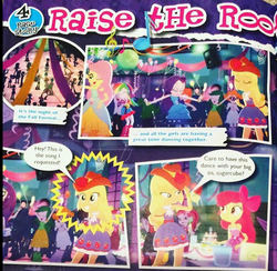 Size: 1287x1257 | Tagged: safe, apple bloom, applejack, fluttershy, indigo wreath, rainbow dash, rarity, rose heart, scribble dee, sweet leaf, equestria daily, eqg summertime shorts, equestria girls, g4, raise this roof, comic, fall formal outfits, magazine, raise the roof, spoiler
