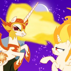 Size: 1024x1024 | Tagged: dead source, safe, artist:smallbluetiger, daybreaker, twilight sparkle, alicorn, pony, a royal problem, g4, armor, duel, fiery teacher and apprentice, jewelry, mane of fire, rapidash twilight, regalia, royalty, sith, star wars, story in the comments, student, teacher, teacher and student, twilight is anakin, twilight sparkle (alicorn)