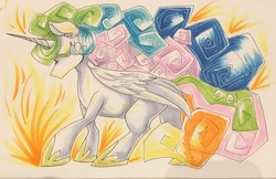 Size: 2699x1753 | Tagged: safe, artist:ihasjessie-kat, princess celestia, alicorn, pony, g4, eyes closed, female, hoof shoes, mare, missing accessory, multicolored mane, multicolored tail, solo, traditional art