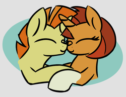 Size: 740x571 | Tagged: safe, artist:masserey, stellar flare, sunspot (g4), pony, unicorn, g4, coat markings, crossed horns, duo, eyes closed, female, horn, horns are touching, male, mare, nuzzling, ship:flarespot, shipping, socks (coat markings), stallion