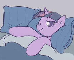 Size: 1200x976 | Tagged: safe, artist:morgana, derpibooru exclusive, twilight sparkle, pony, unicorn, g4, bed, bedroom eyes, blanket, cute, female, horn, inviting, looking at you, mare, one eye closed, pillow, sketch, smiling, solo, twiabetes, unicorn twilight, wink