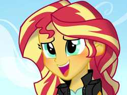 Size: 800x600 | Tagged: safe, artist:haden-2375, sunset shimmer, equestria girls, g4, blushing, bust, clothes, cute, daaaaaaaaaaaw, female, jacket, leather jacket, open mouth, portrait, shimmerbetes, smiling, solo