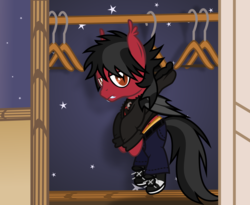 Size: 1559x1278 | Tagged: safe, artist:lightningbolt, derpibooru exclusive, bat pony, pony, g4, .svg available, bat wings, belt, clandestine industries, closet, clothes, clothes hanger, ear fluff, emo, exposed underwear, eyeliner, fall out boy, fangs, folded wings, hair over one eye, hanging, hood, hoodie, indifferent, infinity on high, jeans, lidded eyes, looking at you, makeup, male, metaphor, open door, orange underwear, pants, pete wentz, pin, ponified, shadow, shirt, shirt pull, shoes, show accurate, slit pupils, sneakers, socks, solo, stallion, svg, undershirt, underwear, vector, wings, zipper