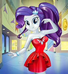 Size: 478x524 | Tagged: safe, artist:kimpossiblelove, rarity, equestria girls, g4, alternate hairstyle, breasts, busty rarity, canterlot high, clothes, dress, female, fynsy, red dress, solo