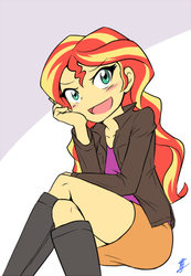 Size: 450x650 | Tagged: safe, artist:omoi, artist:sinrin8210, sunset shimmer, equestria girls, g4, blushing, clothes, cute, explicit source, female, jacket, leather jacket, no more ponies at source, open mouth, pixiv, shimmerbetes, sitting, skirt, solo