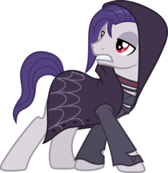 Size: 1007x1033 | Tagged: safe, artist:lightningbolt, derpibooru exclusive, funnel web, earth pony, pony, g4, honest apple, .svg available, cape, clothes, emo, frown, hood, hood up, hooded cape, jewelry, lidded eyes, looking back, male, model, necklace, open mouth, ripped, ripped shirt, ripped sleeves, shirt, show accurate, simple background, solo, stallion, standing, strutting, svg, torn clothes, transparent background, undershirt, vector