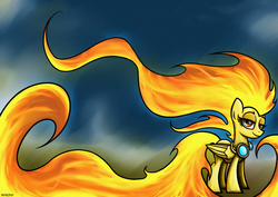 Size: 1754x1240 | Tagged: safe, artist:rambopvp, spitfire, pony, g4, bedroom eyes, female, fire, looking at you, mane of fire, smiling, solo, spitfiery, tail of fire