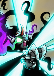 Size: 1240x1754 | Tagged: safe, artist:rambopvp, king sombra, pony, umbrum, g4, the crystal empire, curved horn, dark magic, defeated, glowing eyes, good end, horn, magic, male, scene interpretation, solo, sombra eyes
