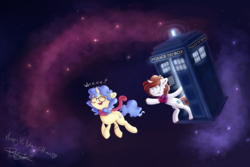 Size: 3000x2000 | Tagged: safe, artist:pucksterv, oc, oc only, oc:eleos, oc:watcher, pony, unicorn, clothes, doctor who, high res, scarf, space, stars, tardis
