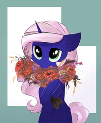Size: 2480x3020 | Tagged: safe, artist:kebchach, oc, oc only, oc:evening rise, pony, unicorn, abstract background, big eyes, blue body, flower, green eyes, high res, simple background, solo, white mane