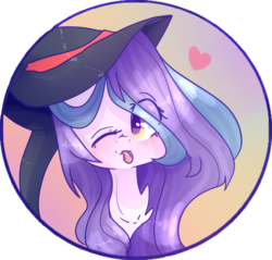 Size: 1024x977 | Tagged: safe, artist:erinartista, oc, oc only, oc:shylu, pony, :p, bust, female, hat, heart, mare, one eye closed, portrait, solo, tongue out, wink, witch hat