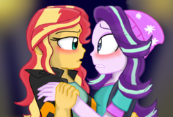 Size: 1653x1122 | Tagged: safe, artist:shonatabeata, starlight glimmer, sunset shimmer, equestria girls, equestria girls specials, g4, my little pony equestria girls: mirror magic, beanie, blushing, duo, female, hat, lesbian, looking at each other, ship:shimmerglimmer, shipping, wavy mouth