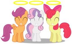 Size: 4891x3000 | Tagged: safe, artist:brony-works, apple bloom, scootaloo, sweetie belle, earth pony, pegasus, pony, unicorn, g4, season 1, stare master, ^^, adorabloom, cute, cutealoo, cutie mark crusaders, cutie mark cuties, diasweetes, eyes closed, female, filly, grin, halo, high res, simple background, smiling, this will end in tears and/or death and/or covered in tree sap, transparent background, trio, trio female, vector