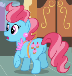 Size: 421x442 | Tagged: safe, screencap, cup cake, earth pony, pony, g4, lesson zero, apron, butt, clothes, cropped, ear piercing, earring, female, jewelry, mare, piercing, plot, solo