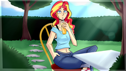 Size: 1920x1080 | Tagged: safe, artist:imskull, sunset shimmer, equestria girls, g4, crepuscular rays, drink, female, grass, human coloration, outdoors, solo, sunlight, table, tree