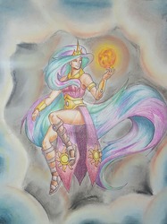 Size: 1024x1370 | Tagged: safe, artist:owlblack08, princess celestia, human, g4, clothes, cloud, dress, female, floating, humanized, long hair, side slit, solo, tangible heavenly object, traditional art, watermark