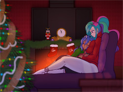 Size: 1365x1024 | Tagged: safe, artist:scorpdk, princess celestia, princess luna, human, g4, alternate hairstyle, big breasts, breast pillow, breasts, busty princess celestia, christmas, christmas stocking, christmas tree, clock, clothes, eyes closed, female, fireplace, holiday, hug, huge breasts, humanized, lidded eyes, night, nutcracker, pants, ponytail, royal sisters, scarf, sitting, sleeping, smiling, socks, sweater, tights, tree, turtleneck