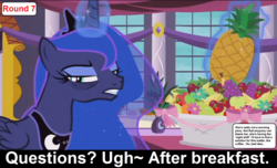 Size: 1600x973 | Tagged: safe, edit, edited screencap, screencap, princess luna, pony, comic:celestia's servant interview, a royal problem, g4, apple, bags under eyes, banana, canterlot, caption, cs captions, female, food, grapes, grumpy, grumpy luna, interview, levitation, magic, pineapple, solo, telekinesis, tired