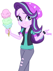 Size: 2245x3020 | Tagged: safe, artist:lifes-remedy, starlight glimmer, equestria girls, equestria girls specials, g4, my little pony equestria girls: mirror magic, beanie, clothes, female, food, hat, high res, ice cream, pants, shirt, simple background, smiling, solo, that human sure does love ice cream, that pony sure does love ice cream, transparent background, vector