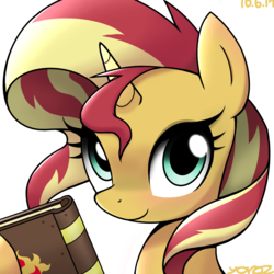 Size: 1284x1284 | Tagged: safe, artist:yorozpony, sunset shimmer, pony, unicorn, g4, book, cute, female, looking at you, mare, shimmerbetes, solo