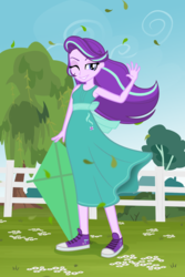 Size: 1000x1500 | Tagged: safe, artist:darthlena, starlight glimmer, equestria girls, g4, beautiful, clothes, converse, dress, female, fence, grass, happy, kite, leaves, one eye closed, shoes, smiling, smirk, sneakers, solo, summer, that pony sure does love kites, tree, weeping willow, wind