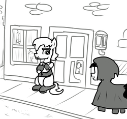 Size: 640x600 | Tagged: safe, artist:ficficponyfic, oc, oc only, pony, colt quest, adult, blank flank, cloak, clothes, cyoa, lamp, male, monochrome, sidewalk, smiling, stallion, story included, street, talking, vest, window