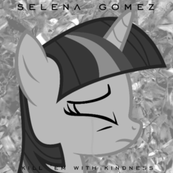 Size: 800x800 | Tagged: safe, artist:hombre0, artist:penguinsn1fan, twilight sparkle, pony, g4, cover, crying, female, kill 'em with kindness, parody, selena gomez, solo