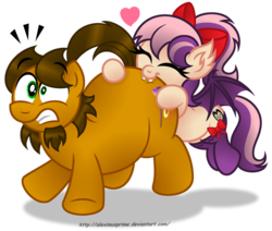 Size: 970x824 | Tagged: safe, artist:aleximusprime, oc, oc only, oc:alex the chubby pony, oc:sweet velvet, bat pony, pony, biting, butt bite, chubby, duo, literal butthurt, pain, simple background, transparent background