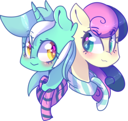 Size: 1547x1466 | Tagged: safe, artist:erinartista, bon bon, lyra heartstrings, sweetie drops, earth pony, pony, unicorn, g4, blushing, bust, clothes, female, lesbian, mare, portrait, scarf, ship:lyrabon, shipping, simple background, transparent background