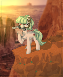 Size: 2030x2500 | Tagged: safe, artist:trickate, oc, oc only, oc:klipspringer, earth pony, pony, fallout equestria, chest fluff, colored hooves, cutie mark, ear fluff, female, fluffy, gun, handgun, high res, hooves, mare, mouth hold, raised hoof, revolver, solo, teary eyes, teeth, unshorn fetlocks, weapon
