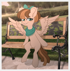 Size: 1050x1064 | Tagged: safe, artist:trickate, oc, oc only, oc:kate littlewing, pegasus, pony, bench, bow, colored pupils, ear fluff, female, freckles, hair bow, looking at you, mare, park, park bench, sitting, smiling, solo, spread wings, wing fluff, wings
