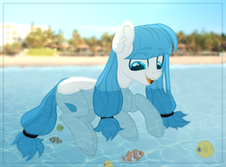 Size: 2500x1846 | Tagged: safe, artist:trickate, oc, oc only, earth pony, fish, pony, chest fluff, ear fluff, female, happy, mare, open mouth, pigtails, smiling, solo, swimming, twintails