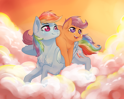 Size: 3000x2400 | Tagged: safe, artist:dedonnerwolke, rainbow dash, scootaloo, pegasus, pony, g4, cloud, cute, cutealoo, dashabetes, duo, female, filly, high res, mare, scootalove, sky, smiling