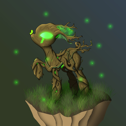 Size: 3000x3000 | Tagged: safe, artist:kirasunnight, oc, oc only, firefly (insect), monster pony, plant pony, pony, spriggan, glowing eyes, high res, insect on nose, ponified, raised hoof, solo, tree