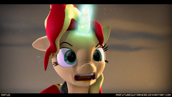 Size: 9600x5400 | Tagged: safe, artist:imafutureguitarhero, sunset shimmer, pony, unicorn, g4, 3d, absurd resolution, black bars, bust, clothes, confused, dafuq, dust, faic, female, floppy ears, hoodie, horn, letterboxing, magic, mare, multicolored mane, multicolored tail, nose wrinkle, open mouth, solo, source filmmaker, text, wallpaper